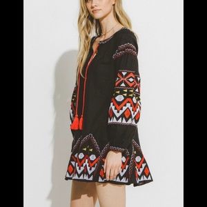Free The Roses Lourdes Boho Embroidered Cotton Linen Black Dress Size S